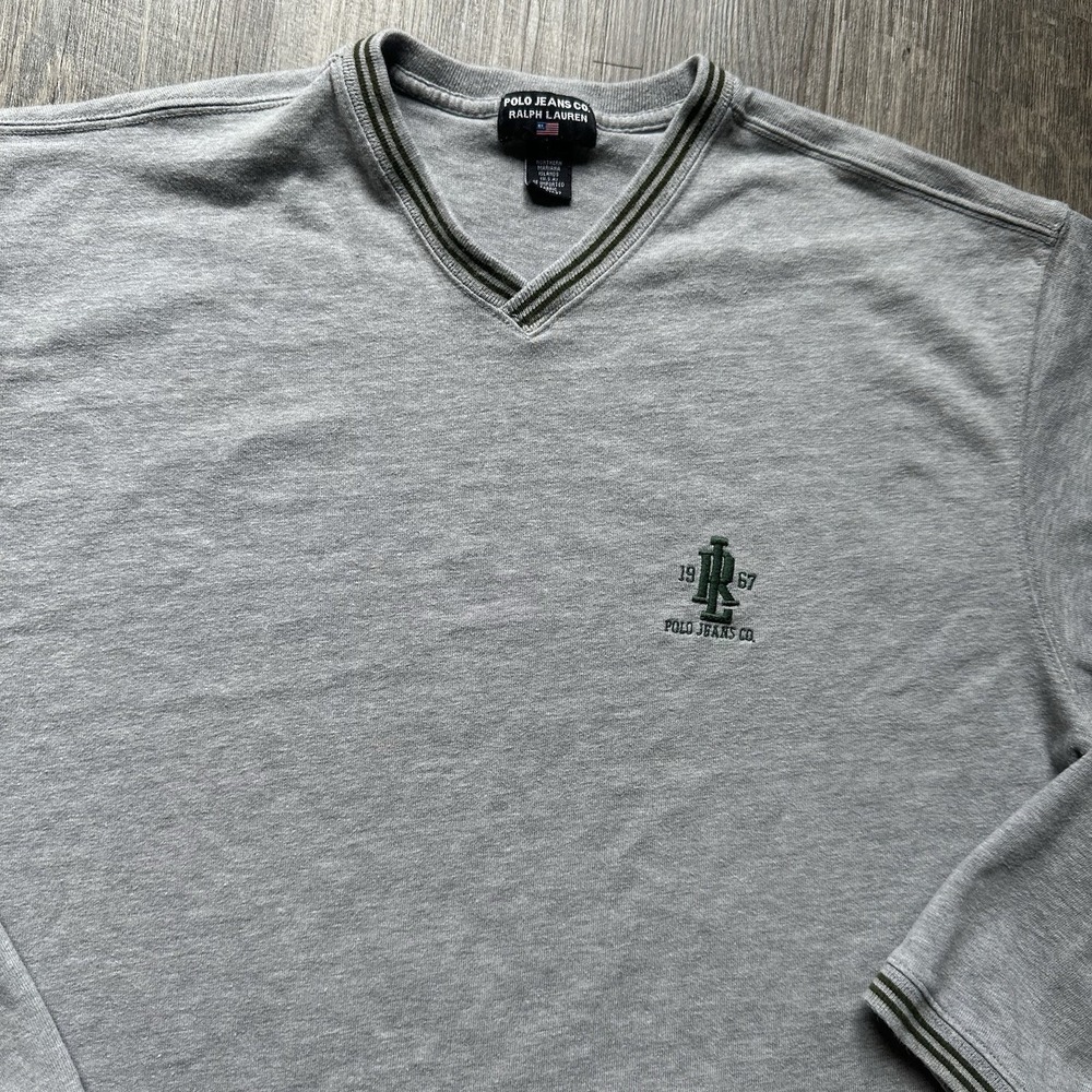 Polo Jeans Co Ralph Lauren Mens XL Gray Grey V-Neck Long Sleeve Sweatshirt.